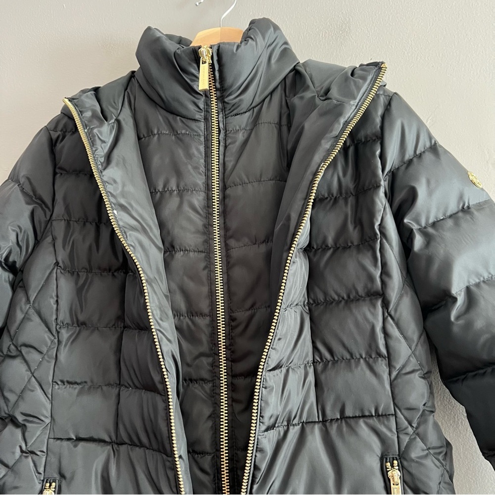Michael Kors Women’s Puffer Quilted Coat Down Jacket Hooded Gold Zip Black Sz M - Picture 5 of 16